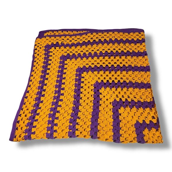 Afghan Blanket Purple Gold Granny Square  36 X 36 - Picture 5 of 7